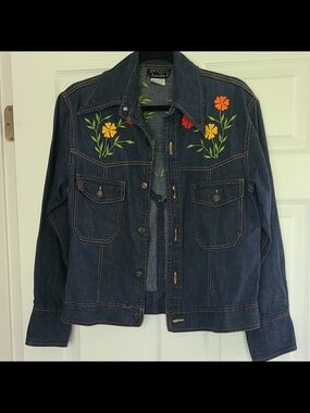 Vintage 70s Cellini  Women’s L Floral Embroidered Denim Jacket